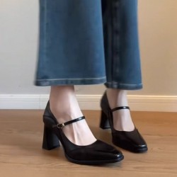2025 new style French Mary Janes for women, high-end chunky heel high heels, shallow-toe small leather shoes, water crystal single shoes