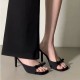 Women's summer outdoor fashionable black satin bowknot decorated one-strap fish-mouth toe-exposed high heels sandals Women's summer outdoor fashionable black satin bowknot decorated one-strap fish-mouth toe-exposed high heels sandals