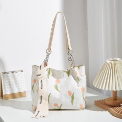 2023 new style women's bag fresh and sweet tulip flower tote bag scarf underarm bag canvas versatile single shoulder bag