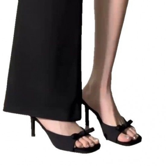 Women's summer outdoor fashionable black satin bowknot decorated one-strap fish-mouth toe-exposed high heels sandals Women's summer outdoor fashionable black satin bowknot decorated one-strap fish-mouth toe-exposed high heels sandals